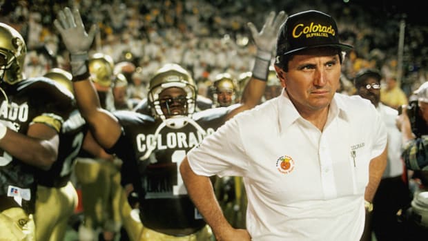 Colorado head coach Bill McCartney on sidelines with team before game vs Notre Dame at Orange Bowl Stadium Miami, FL 1/1/1990