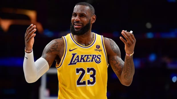 Jan 3, 2024; Los Angeles, California, USA; Los Angeles Lakers forward LeBron James (23) reacts to a call against him during the first half at Crypto.com Arena. Mandatory Credit: Gary A. Vasquez-USA TODAY Sports