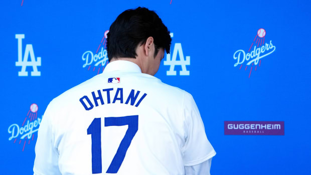 Dec 14, 2023; Los Angeles, CA, USA; Los Angeles Dodgers player Shohei Ohtani is introduced at a press conference at Dodger Stadium. Mandatory Credit: Kirby Lee-USA TODAY Sports  