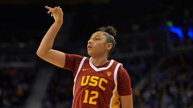 Dec 30, 2023; Los Angeles, California, USA; USC Trojans guard JuJu Watkins (12) watches a shot in the second half against the UCLA Bruins at Pauley Pavilion presented by Wescom.