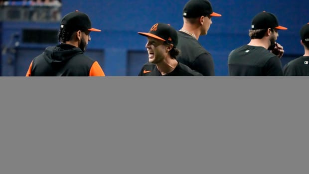Aug 12, 2022; St. Petersburg, Florida, USA; Baltimore Orioles center fielder Brett Phillips (66) celebrates after the Orioles defeated the Tampa Bay Rays at Tropicana Field. Phillips was recently traded from the Rays to the Orioles. Mandatory Credit: Dave Nelson-USA TODAY Sports