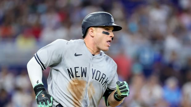 Aug 13, 2023; Miami, Florida, USA; New York Yankees center fielder Harrison Bader (22) watches after hitting a single against the Miami Marlins during the fifth inning at loanDepot Park. Mandatory Credit: Sam Navarro-USA TODAY Sports
