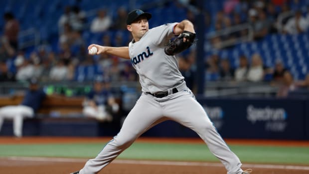 May 25, 2022; St. Petersburg, Florida, USA; Miami Marlins starting pitcher Cody Poteet (72) throws a pitch during the second inning against the Tampa Bay Rays at Tropicana Field.