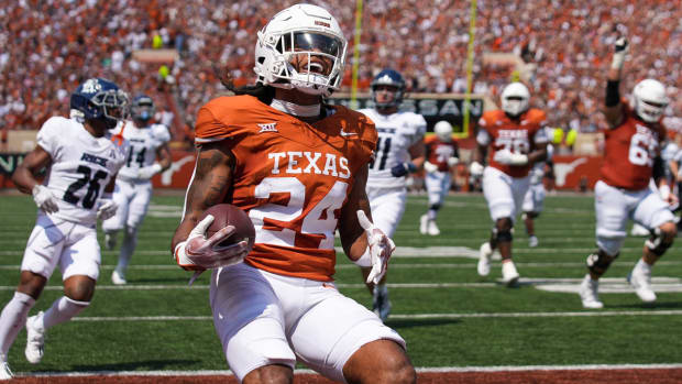 Texas Longhorns running back Jonathon Brooks (24) runs into the end zone for a touch down in the first quarter against the Rice Owls of an NCAA college football game, Saturday, Sept. 2, 2023, in Austin, Texas.  
