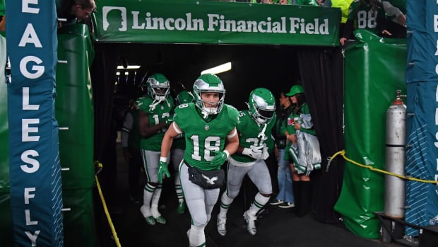 Oct 22, 2023; Philadelphia, Pennsylvania, USA; Philadelphia Eagles wide receiver Britain Covey (18) runs onto the field for warmups against the Miami Dolphins at Lincoln Financial Field. Mandatory Credit: Eric Hartline-USA TODAY Sports 