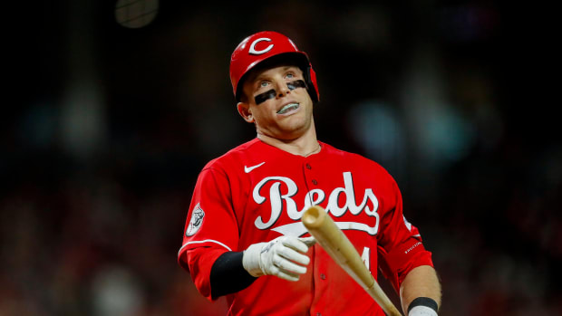 Sep 9, 2023; Cincinnati, Ohio, USA; Cincinnati Reds center fielder Harrison Bader (4) reacts after a strike called in the fifth inning in the game against the St. Louis Cardinals at Great American Ball Park. Mandatory Credit: Katie Stratman-USA TODAY Sports