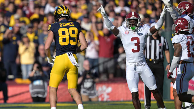 Jan 1, 2024; Pasadena, CA, USA; Alabama Crimson Tide defensive back Terrion Arnold (3) celebrates after an incomplete pass during the first half against the Michigan Wolverines in the 2024 Rose Bowl college football playoff semifinal game at Rose Bowl.