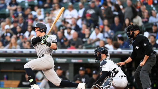 Aug 30, 2023; Detroit, Michigan, USA; New York Yankees center fielder Harrison Bader (22) hits a single against the Detroit Tigers in the first inning at Comerica Park.
