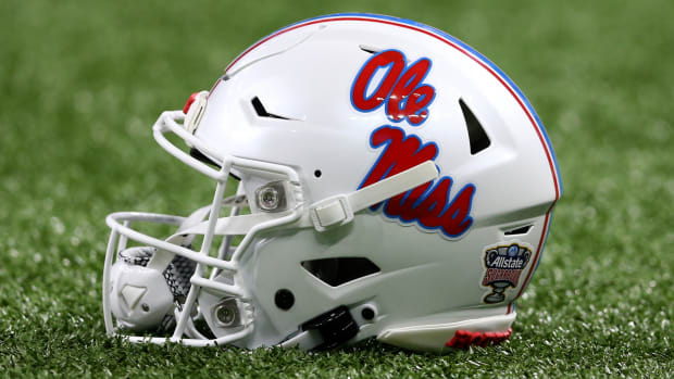 Jan 1, 2022; New Orleans, LA, USA; A Mississippi Rebels helmet before the 2022 Sugar Bowl at the Caesars Superdome. Mandatory Credit: Chuck Cook-USA TODAY Sports  