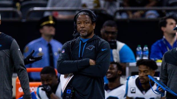 Jan 8, 2023; New Orleans, Louisiana, USA; Carolina Panthers head coach Steve Wilks looks on against the New Orleans Saints during the first half at Caesars Superdome. Mandatory Credit: Stephen Lew-USA TODAY Sports  