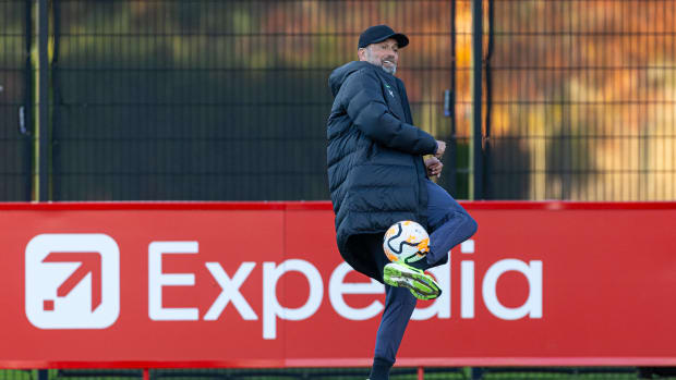 Manager Jurgen Klopp pictured showing off his football skills during a Liverpool training session in October 2023