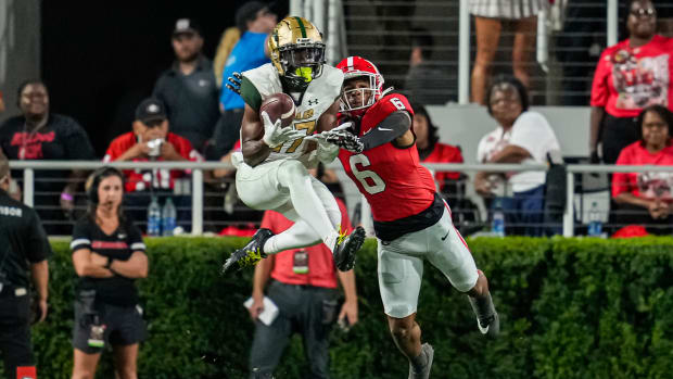 Sep 23, 2023; Athens, Georgia, USA; UAB Blazers wide receiver Amare Thomas (17) catches a pass in front of Georgia Bulldogs defensive back Daylen Everette (6) during the first half at Sanford Stadium. Mandatory Credit: Dale Zanine-USA TODAY Sports