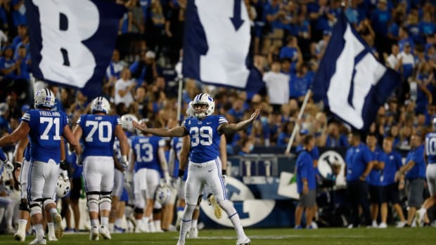 Sep 11, 2021; Provo, Utah, USA; Brigham Young Cougars place kicker Jake Oldroyd (39) reacts after his first quarter field goal against the Utah Utes at LaVell Edwards Stadium. Mandatory Credit: Jeffrey Swinger-USA TODAY Sports
