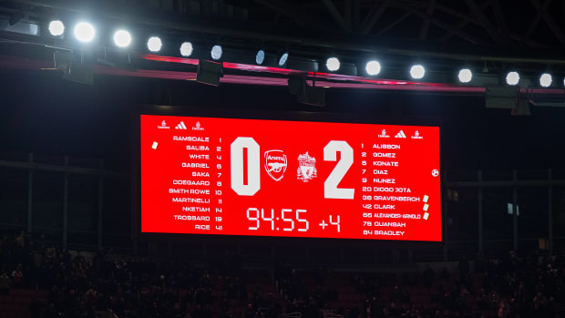 A photo showing the scoreboard at the Emirates Stadium at the end of Liverpool's 2-0 win at Arsenal in the FA Cup in January 2024