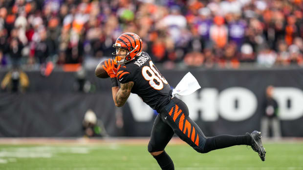 Cincinnati Bengals wide receiver Andrei Iosivas (80) catches a pass in the fourth quarter of the NFL Week 15 game between the Cincinnati Bengals and the Minnesota Vikings at PayCor Stadium in downtown Cincinnati on Saturday, Dec. 16, 2023. The Bengals won on an overtime field goal.