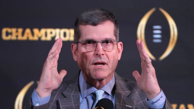 Jan 7, 2024; Houston, TX, USA; Michigan Wolverines coach Jim Harbaugh at the CFP National Championship Head Coaches press conference at JW Marriot Houston by the Galleria. Mandatory Credit: Kirby Lee-USA TODAY Sports