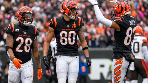 Cincinnati Bengals wide receiver Andrei Iosivas (80) celebrates a touchdown in the second quarter of the NFL Week 18 game between the Cincinnati Bengals and the Cleveland Browns at Paycor Stadium in downtown Cincinnati on Sunday, Jan. 7, 2024.  