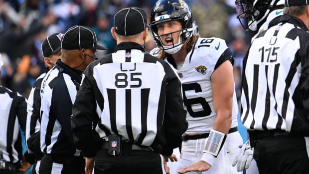 Jacksonville Jaguars quarterback Trevor Lawrence (16) argues a call with officials during the second half of an NFL football game against the Tennessee Titans Sunday, Jan. 7, 2024, in Nashville, Tenn. (AP Photo/John Amis)   