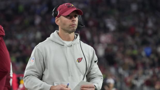 Arizona Cardinals head coach Jonathan Gannon watches his team play against the Seattle Seahawks during the first quarter at State Farm Stadium in Glendale on Jan. 7, 2024.