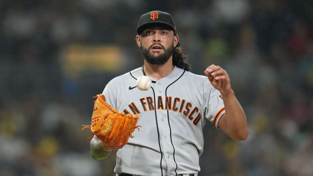 Aug 31, 2023; San Diego, California, USA; San Francisco Giants relief pitcher Sean Manaea (52) reacts between pitches against the San Diego Padres during the sixth inning at Petco Park. Mandatory Credit: Ray Acevedo-USA TODAY Sports
