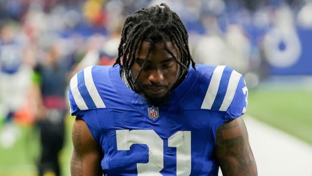 Indianapolis Colts running back Tyler Goodson (31) leaves the field Saturday, Jan. 6, 2024, after losing a game against the Houston Texans 23-19 at Lucas Oil Stadium in Indianapolis.