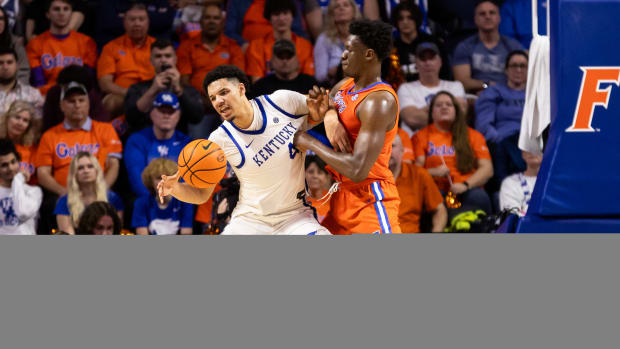 Jan 6, 2024; Gainesville, Florida, USA; Florida Gators forward Tyrese Samuel (4) defends Kentucky Wildcats forward Tre Mitchell (4) during the second half at Exactech Arena at the Stephen C. O'Connell Center. Mandatory Credit: Matt Pendleton-USA TODAY Sports
