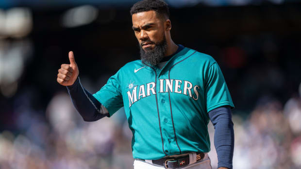 Sep 13, 2023; Seattle, Washington, USA; Seattle Mariners right fielder Teoscar Hernandez (35) gestures toward the dugout during a game against the Los Angeles Angels at T-Mobile Park. Mandatory Credit: Stephen Brashear-USA TODAY Sports  