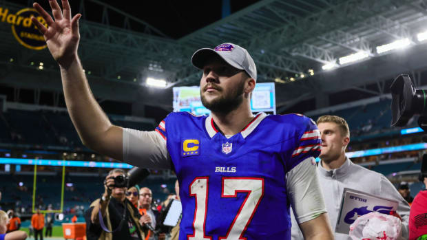Buffalo Bills quarterback Josh Allen reacts after the game against the Miami Dolphins at Hard Rock Stadium.