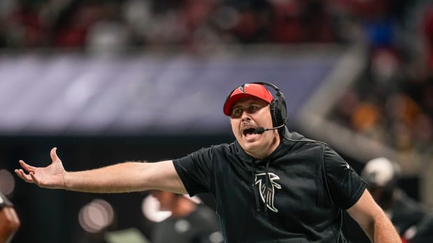 Sep 17, 2023; Atlanta, Georgia, USA; Atlanta Falcons head coach Arthur Smith reacts on the sideline against the Green Bay Packers during the second half at Mercedes-Benz Stadium.