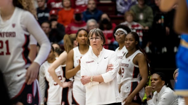 Feb 20, 2023; Stanford, California, USA; Stanford Cardinal head coach Tara VanDerveer watches during the second half of the game against the UCLA Bruins at Maples Pavilion. Mandatory Credit: John Hefti-USA TODAY Sports