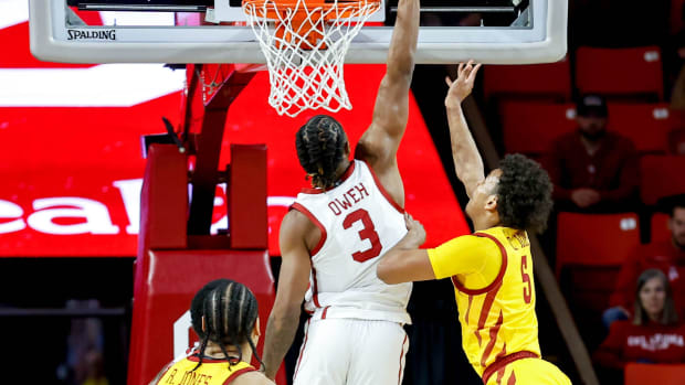 Oklahoma guard Otega Oweh (3) blocks a layup attempt by Iowa State guard Curtis Jones (5) in the first half during an NCAA basketball game between University of Oklahoma (OU) and Iowa State at the Lloyd Noble Center in Norman, Okla., on Saturday, Jan. 6, 2024.