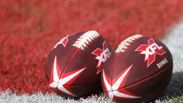 Feb 8, 2020; Washington, DC, USA; Game balls rest on the field prior to the game between the DC Defenders and the Seattle Dragons in an XFL football game at Audi Field. Mandatory Credit: Geoff Burke-USA TODAY Sports