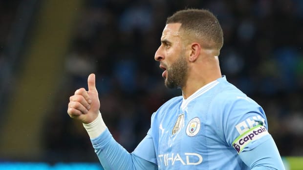 Kyle Walker pictured wearing the captain's armband for Manchester City during a 2-0 win over Sheffield United in the Premier League in December 2023