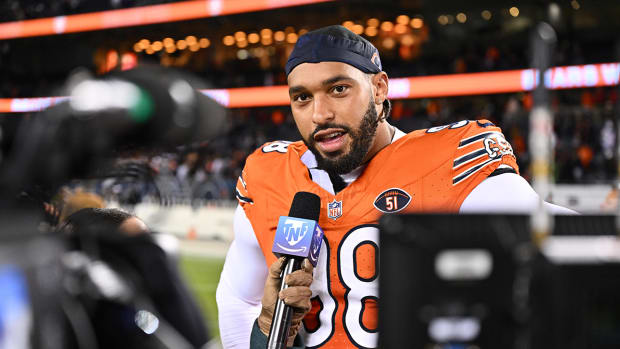 Chicago Bears defensive lineman Montez Sweat (98) is interviewed for television after a 16-13 win over the Carolina Panthers at Soldier Field.