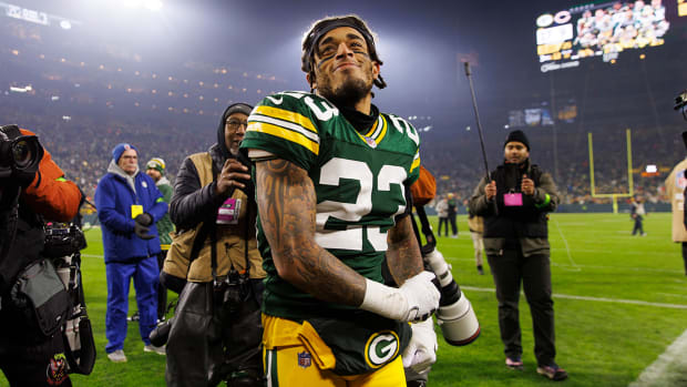 Green Bay Packers cornerback Jaire Alexander (23) celebrates following the game against the Chicago Bears at Lambeau Field.