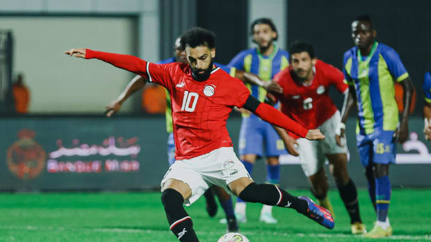 Egypt captain Mo Salah pictured taking a penalty kick during his team's 2-0 win over Tanzania in Cairo in January 2024