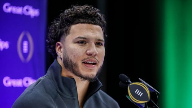 Michigan running back Blake Corum speaks during national championship game media day at George R. Brown Convention Center in Houston, Texas on Saturday, Jan. 6, 2024.