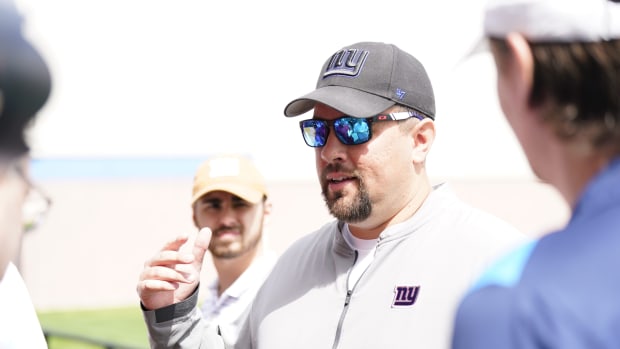Drew Wilkins, New York Giants outside linebackers coach, talks to reporters before mandatory minicamp at the Giants training center in East Rutherford on Tuesday, June 13, 2023.