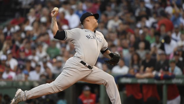 Aug 13, 2022; Boston, Massachusetts, USA; New York Yankees starting pitcher Frankie Montas (47) pitches during the first inning against the Boston Red Sox at Fenway Park. Mandatory Credit: Bob DeChiara-USA TODAY Sports  
