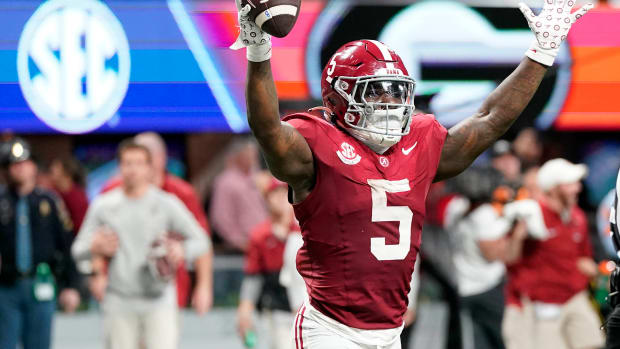 Alabama Crimson Tide running back Roydell Williams (5) reacts against the Georgia Bulldogs during the second half in the SEC Championship game at Mercedes-Benz Stadium.