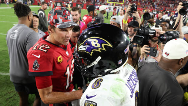 Brady and Jackson after the Ravens' 27-22 win over the Buccaneers on Oct. 27, 2022.
