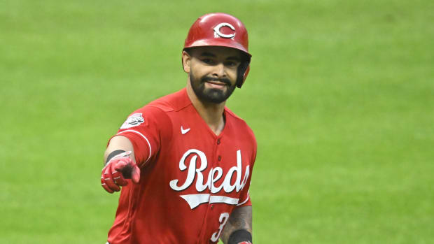 Sep 26, 2023; Cleveland, Ohio, USA; Cincinnati Reds first baseman Christian Encarnacion-Strand (33) celebrates his two-run home run in the third inning against the Cleveland Guardians at Progressive Field. Mandatory Credit: David Richard-USA TODAY Sports 
