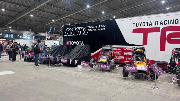 Under one of the two black tarps is believed to be the 98k Toyota-powered ride that Kyle Larson will race during Thursday night's qualifying race at The Chili Bowl in Tulsa. If he finishes first or second, he will advance to the main event, Saturday's A-Main. Photo courtesy Victoria Beaver.