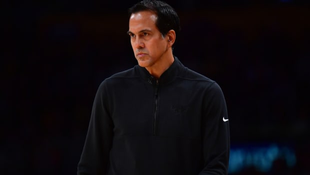 Jan 3, 2024; Los Angeles, California, USA; Miami Heat head coach Erik Spoelstra watches game action against the Los Angeles Lakers during the first half at Crypto.com Arena. Mandatory Credit: Gary A. Vasquez-USA TODAY Sports  
