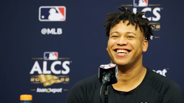 Oct 19, 2022; Houston, Texas, USA; New York Yankees pitcher Frankie Montas (47) talks to media during a press conference before game one of the ALCS for the 2022 MLB Playoffs against the Houston Astros at Minute Maid Park. Mandatory Credit: Thomas Shea-USA TODAY Sports  