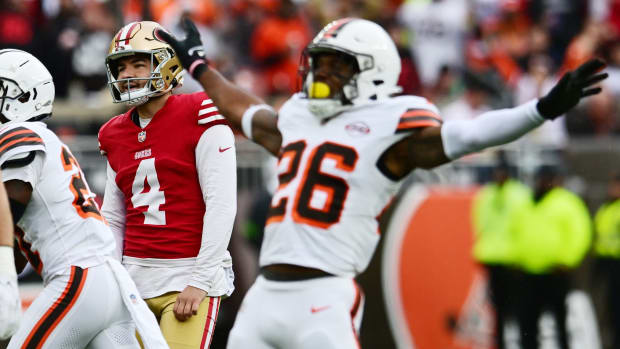 Oct 15, 2023; Cleveland, Ohio, USA; Cleveland Browns safety Rodney McLeod (26) celebrates after San Francisco 49ers place kicker Jake Moody (4) missed a field goal during the first half at Cleveland Browns Stadium. Mandatory Credit: Ken Blaze-USA TODAY Sports