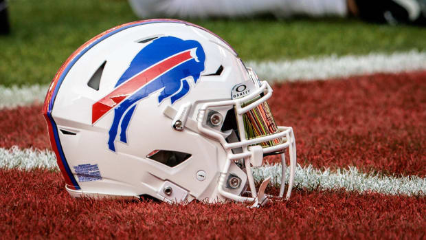 Buffalo Bills helmet sits on the field prior to the game against the Kansas City Chiefs on December 10th at Arrowhead Stadium in Kansas City, Missouri.