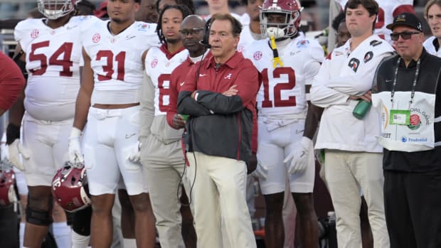 Jan 1, 2024; Pasadena, CA, USA; Alabama Crimson Tide head coach Nick Saban looks on during the second half against the Michigan Wolverines in the 2024 Rose Bowl college football playoff semifinal game at Rose Bowl.