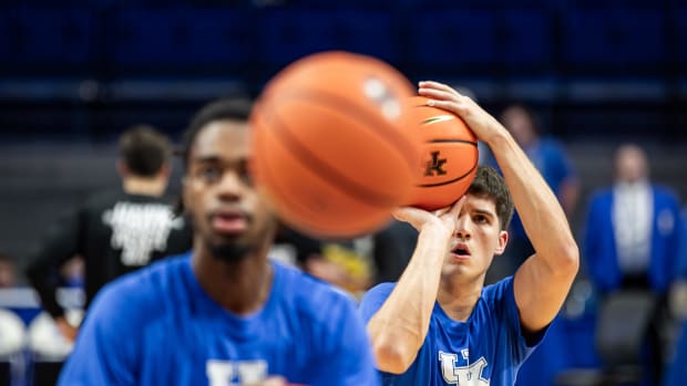 Kentucky's Reed Sheppard, right and Antonio Reeves worked on their shot during pregame warmups before the Wildcats took on the St. Joseph's Hawks at Rupp Arena on Monday, Nov. 20, 2023.