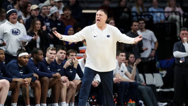 Penn State men's basketball coach Mike Rhoades reacts to a call in a Big Ten game against Northwestern at the Bryce Jordan Center.